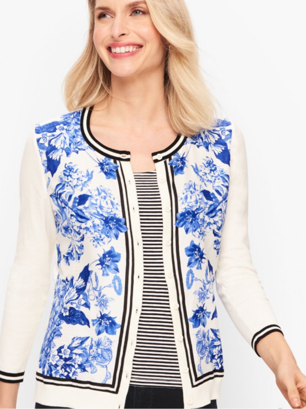 Talbots size M White Cardigan sweater with Blue toile Floral Print